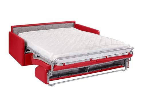 Vente-unique - Canapé 4 Places Convertible Express en Simili Rouge avec Assise mémoire de Forme - Couchage à Lattes Larges 160 cm - Matelas 14 cm CALIFE
