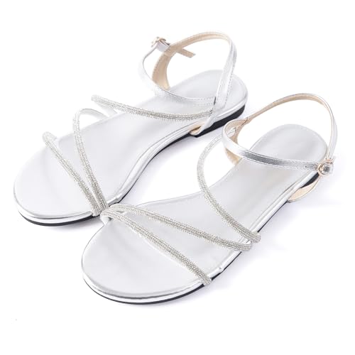 Image of Mtzyoa Women Flat Sandals Dressy Strappy Gladiator Summer Ankle Strap Nude Open Toe Comfortable Wedding Casual Leather Ladies Party Trendy Vacation