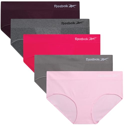Reebok Hipster Panties for Women - 5 Pack Stretch Performance Seamless Underwear with Relaxed Tag-Free Waistband (S-XL), Size Large, Heather Grey/Pink Lady/Sharkskin/Rasberry/Plum