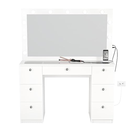 Boahaus Yara Large Bedroom Makeup Vanity Desk with Mirror and Lights, 7 Drawers, Glass Top, Crystal Knobs - White Big Vanity Makeup Desk, Built-in Lights, 56'' H x 46.3'' W x 14.6'' D