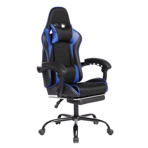 Image of Gaming Desk Chair for Adults, Ergonomic Gaming Chair with Footrest & Headrest and Lumbar Support, Leather Material Height Adjustable Computer Video Game Chairs (Blue Upgrade)