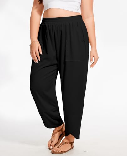 Moon Wood Womens Plus Size Wide Leg Pants Casual Elastic Waisted Summer Pants with Pockets Baggy Lounge Trousers Slacks2