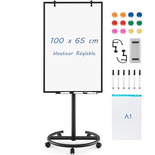 COSTWAY Tableau Blanc Effacable sur Pied, 100 x 65 cm, Tableau Blanc sur Pieds Hauteur Réglable 132-192 cm, Support Sur Roulettes, Cadre en Alu, Paper Board,...