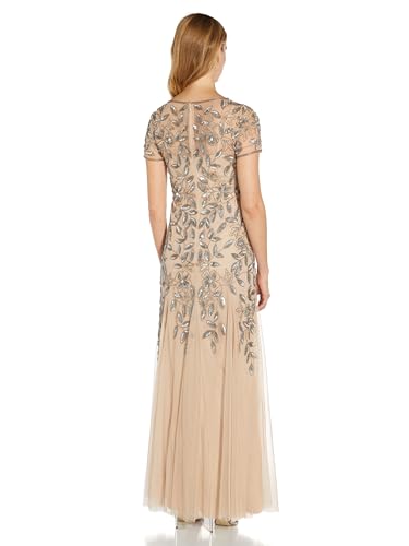 Image of Adrianna Papell Women's Beaded Gown with Godets - Floor Length Gown with Floral Embellishments & Cap Sleeves