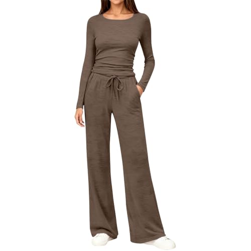 Image of Lounge Wear Sets For Women Uk Tracksuit Full Set 2 Piece Crew Neck Long Sleeve Crop Top And Wide Leg Trouser Co Ord Sets Stretch Ladies Solid Color Casual Y2K Airport Travel Outfits 2026 Brown