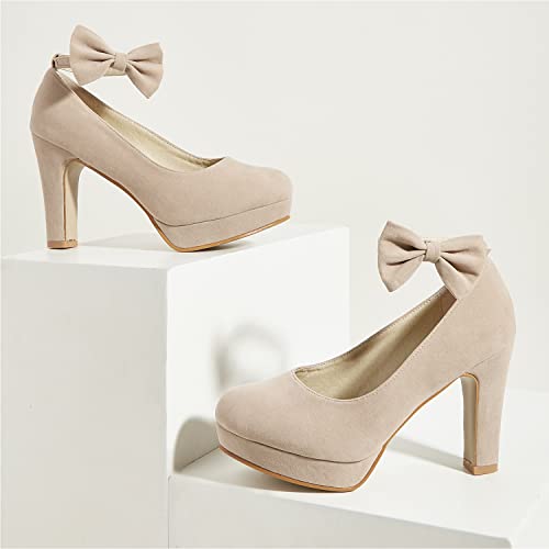 GATUXUS Women's Platform High Heel Dress Pumps Ankle Strap Bow Chunky Heels Shoes for Party Wedding Prom4