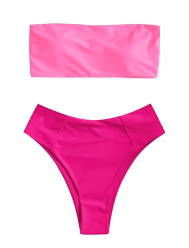 Image of ZAFUL Women's High Cut Bandeau Bikini Set Strapless Solid Color 2 Pieces Bathing Suit Swimsuit