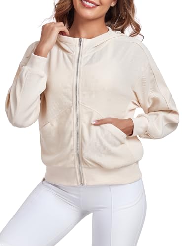 Women's Cropped Waffle Jacket Oversized Zip Up Long Sleeve Batwing Y2K Hood jacket with Pocket4
