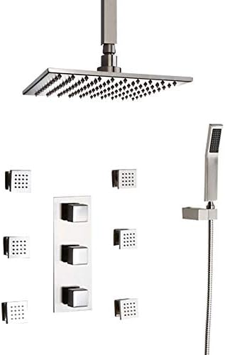 JiaYouJia 16 Inches Thermostatic Valve Square Ceiling-Mount Rain Shower Head & 6 Body Sprays & Handheld Shower System in Brushed Nickel