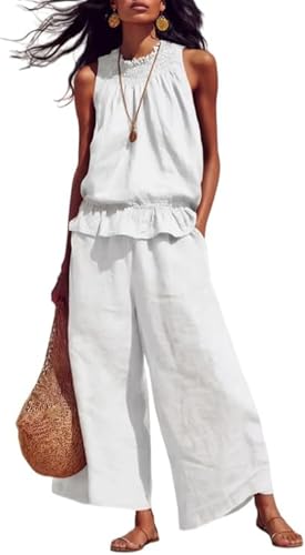 Womens Linen 2 Piece Casual Outfits Sleeveless Ruffle Top Wide Leg Pants Palazzo Pants Summer Loungewear Beach Travel Sets (White Medium)