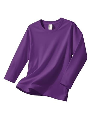 PATPAT Girls Long Sleeve T Shirts Size 11-12 Years Purple Solid Cotton Crewneck Tops Casual Basic Tees Blouses for Big Girl