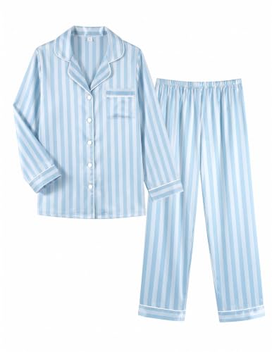 Image of Ekouaer Women Satin Pajamas Set Classic Button Down Long Pjs Set