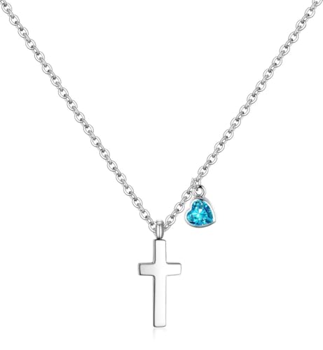 Pequeña cruz para niñas | Mujeres con inicial de corazón | Letra de piedra natal, colgante de acero inoxidable, joyería, primera comunión, bautismo, Navidad, cumpleaños