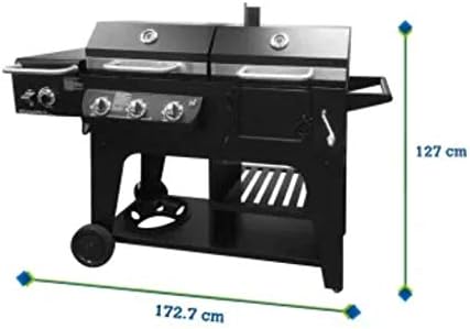A black hybrid grill with dimensions labeled as 172.7 cm wide and 127 cm high.