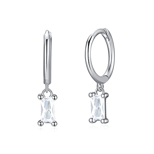 Baguette Dangle Hoop Earrings For Women, Sterling Silver Small Huggie Cz Earrings With Drop Charm For Everyday #TOP10