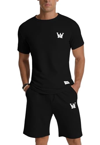 MLANM Mens Short Sets 2 Piece Outfits Casual Summer Tracksuits Fashion Short Sleeve T Shirt and Short Sets XL-Black