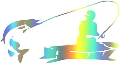 Holografischer Angelaufkleber, Wasserdichter PVC-Aufkleber für Auto, Laptop, Kühlschrank, Möbel, Anglerdesign, Regenbogeneffekt ((22cm/8.66inch))