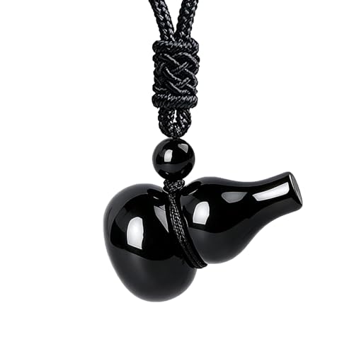 Anjiucc Natural Gemstone Gourd Hulu Wulu Pendant Necklace Healing Crystal Stone with Adjustable Chain Amulet Talisman for Good Luck (Black Obsidian)