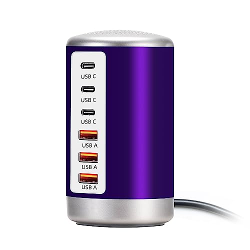 Wyness 60W USB Charging Station with 6-Port (3 USB-A & 3 USB-C) for iPhone 12/13/14 Tablets & Smartphones - Purple