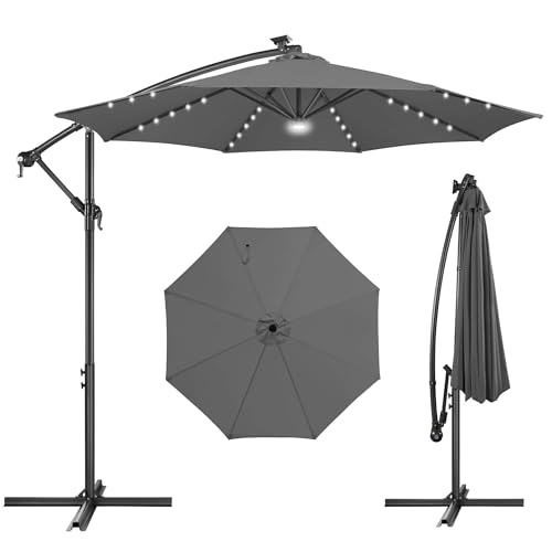 Image of Solar Offset Patio Umbrella - 10 FT Solar Cantilever Umbrella Outdoor with 40 LED Lights and Cross Base, UV Protection for Garden, Deck, Backyard, Pool, Porch, Anthracite
