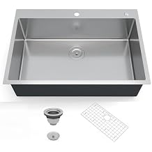 33 Inch Drop-in Kitchen Sink, Stainless Steel Single Bowl Flush Rim, 2.0cm Edge & 1.0mm Wall, Brushed Bottom Grid and Drain Assembly