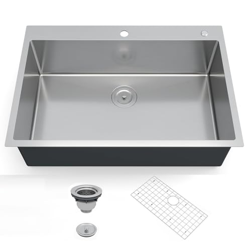 32 Inch Drop-in Kitchen Sink, Stainless Steel Single Bowl Flush Rim, 2.0cm Edge & 1.0mm Wall, Brushed Bottom Grid and Drain Assembly Included by PeakPursuit - Used condition - US$96.59