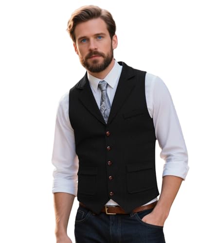 MllesReve Herringbone Tweed Mens Suit Vest V Neck Notched Lapel Wool Blend Casual Business Waistcoat