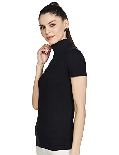 Image of Marks & Spencer Womens Solid Cotton Blend Turtle Neck Fitted T Shirt
