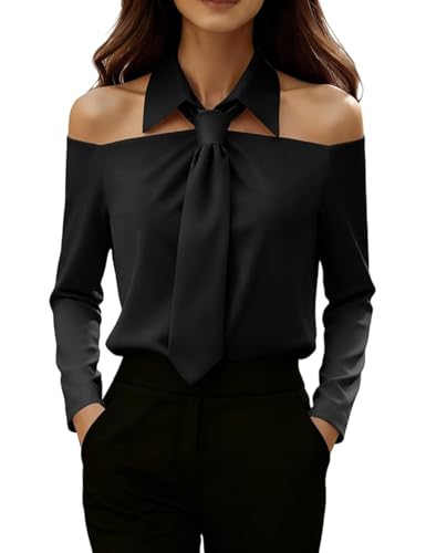 Generisch Blusa de mujer con hombros descubiertos para mujer, con corbata, cuello elegante y manga larga, para oficina y negocios., Negro , L