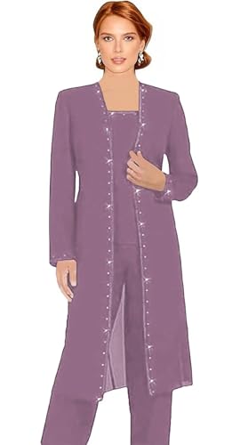 3 Pcs Pant Suit for Mother of The Bride Long Sleeve Formal Outfit for Women 2025 with Jacket US 14 Dusty Purple