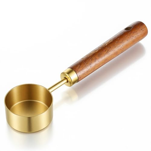 15ml Gold Coffee Measuring Spoon Stainless Steel Coffee Bean Scoop for Ground Coffee Walnut Handle Tablespoon for Coffee Tea and More