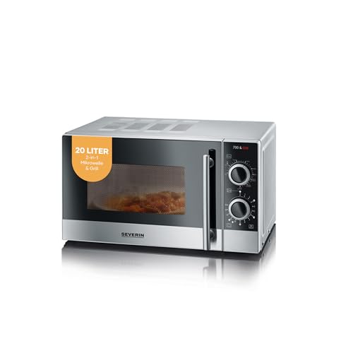 SEVERIN 2-in-1 Mikrowelle mit Grill 700 W, Grillofen mit 9 Automatikprogrammen, Mikrowelle mit Grillrost und Drehteller, silber-schwarz / Edelstahl, MW 7874