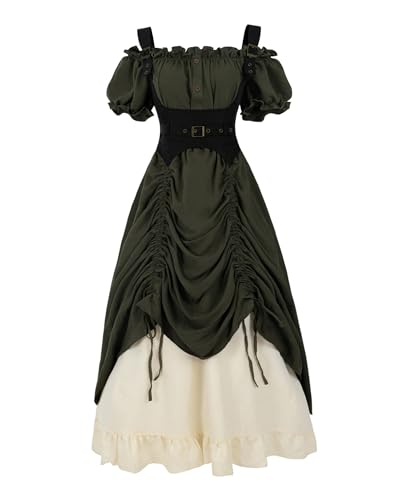 FCCAM Mittelalter Kleidung Damen Viktorianisches Kleid Renaissance Kleid Damen Gothic Dress Baumwolle Maxikleid Kurzarm, Grün, M
