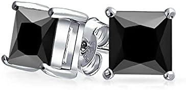 JIANGXIN Unisex Princess cut Black Onyx 925 Sterling Silver Stud Earrings Platinum Plated Fine Jewelry for Men Women 5mm