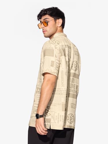 Image of The Souled Store Official Iron Man: Marvel News Men and Boys Short Sleeves Collared Neck Button Front Beige All Over Printed Regular Fit Holiday Shirts