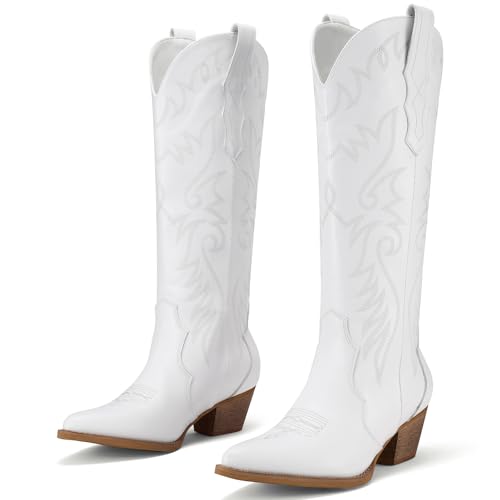 Image of Rollda Cowboy Boots for Women Cowgirl Boots Embroidered Knee-High Western Boots Pointy Toe with Chunky Heel