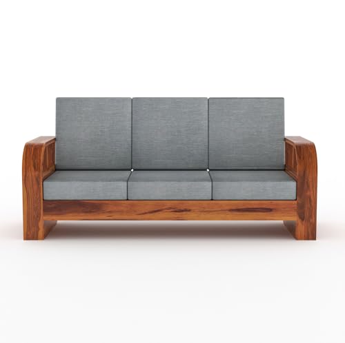 Image of Sheesham Wood 5-Seater Sofa Set - Solid Wood Furniture with Honey Finish & Grey Cushions | Wooden Sofa for Living Room & Home Office