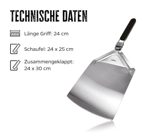 Grillfürst Pizzaheber aus Edelstahl, klappbar - Pizzaschaufel für Brot, Flammkuchen u. v. m., Pizzaschieber mit Einer Fläche von 24 x 25 cm
