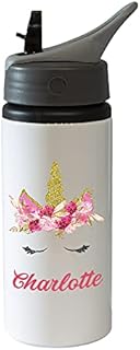 Print Maniacs Personalised Water Bottle Unicorn School Sport Drink 600ml Leakproof Spill Proof Aluminium Hot Cold Flip up Kid Boys Girls Biking Gift Unicorn Head (Add Name)