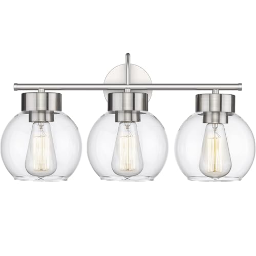 Image of EAPUDUN 3 Light Bathroom Vanity Light, Brushed Nickel Bathroom Light Fixtures with Clear Glass Shade Wall Sconce, Porch Wall Lamp for Mirror, WLA1435-BNK