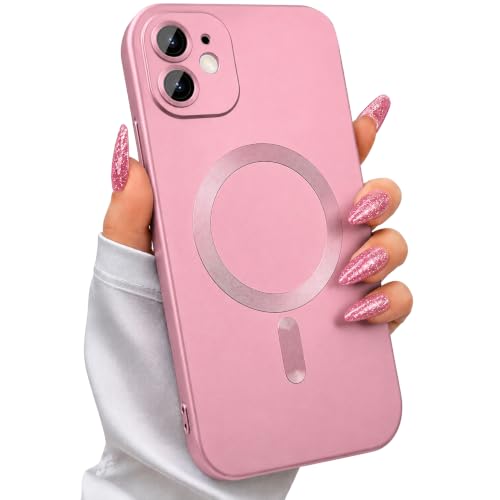 Image of DIZORO Magnetic Case for iPhone 12 Cover [Compatible with MagSafe][Built-in Camera Lens Protector] Slim Soft Silicone Bumper Shockproof Metallic Luster Back Cover Phone Cases (Pink)