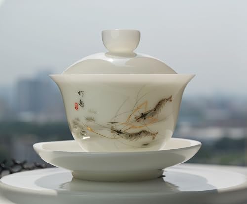 Image of Liang baobao Ice Jade White Porcelain Gaiwan,5oz Teacup Suet-fat Jade Porcelain Chinese Tea Cup Set for Gongfu Tea (shrimp)