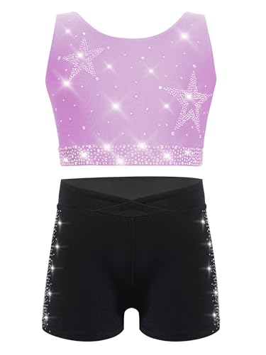 Kids Girls Gymnastics Dance Outfit Rhinestone Crop Vest Top Shorts Set Athletic Tracksuits for Yoga Light Purple Black 6 Years