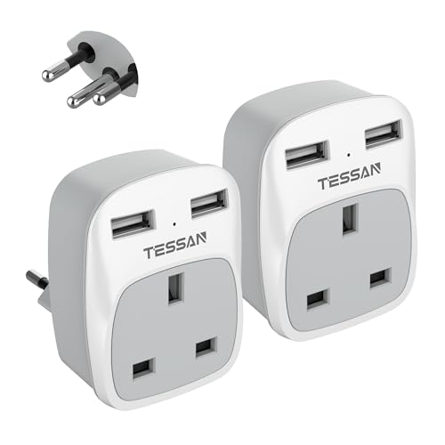 UK to Swiss Plug Adapter 2 Pack, TESSAN UK to Switzerland Plug with 2 USB, Grounded Type J Swiss Adapter