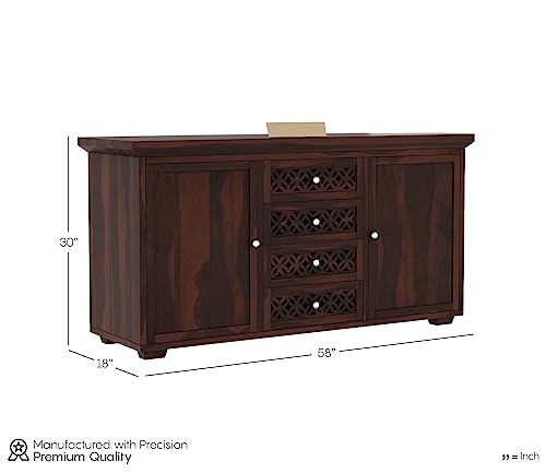 Image of Solid Sheesham Wood Wooden Sideboard Storage Cabinet : Ideal for Living Room and Bedroom with 4 Drawers and 4-Shelf Storage (Cambrey, Walnut Finish)
