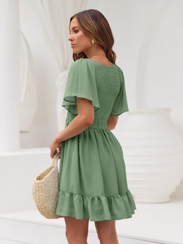 Image of LILLUSORY Women's Flowy Casual Mini Dresses 2026 Summer Graduation Smocked V Neck Vacation Dress Dress with Pockets