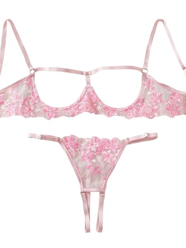 Image of Lilosy Women's Sexy Underwire Floral Lace Sheer Lingerie Set See Through Bra and Panty 2 Piece Flower Pink Small