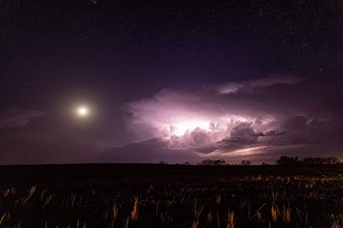 Celestial Wall Art Photography Print - Picture of Moon and Storm Illuminated by Lightning as Stars Shine on Stormy Night in Oklahoma - Unframed Thunderstorm Photo Artwork Decor 4x6 to 40x60