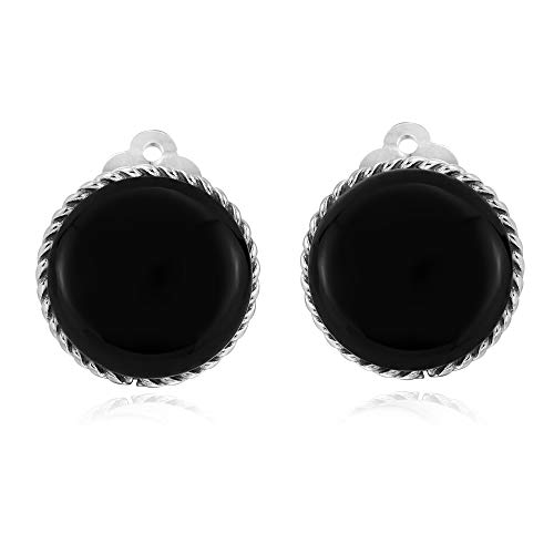 AeraVida Vintage 18 mm Round Simulated Black Onyx Button .925 Sterling Silver Clip On Earrings | Classic Sterling Silver Cuff Earrings for Women - Main Image