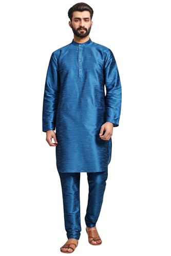 Image of SKAVIJ Men's Art Silk Solid Kurta Pyjama Set Festive Woven Design 2-Piece Ethnic Dress (KP055turquoise Turquoise L)